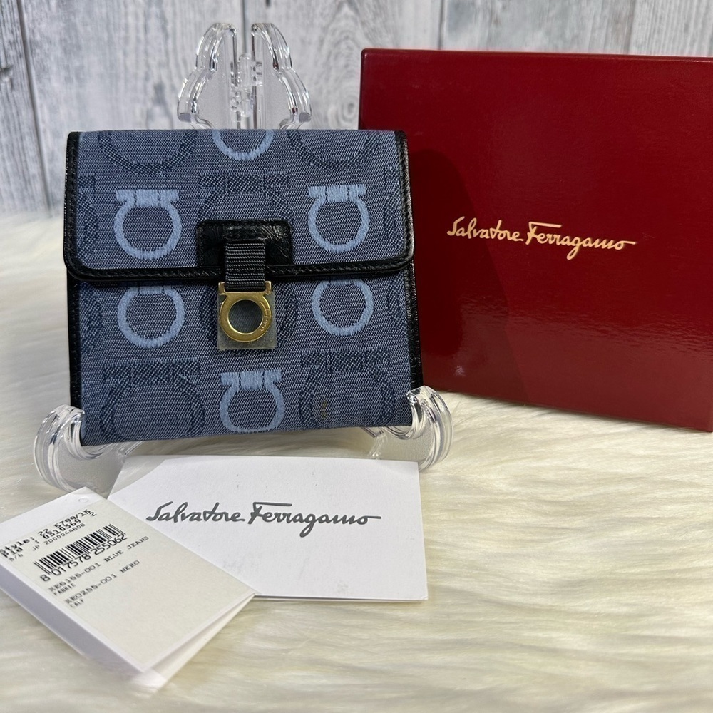 SALVATORE FERRAGAMO denim and leather compact wallet